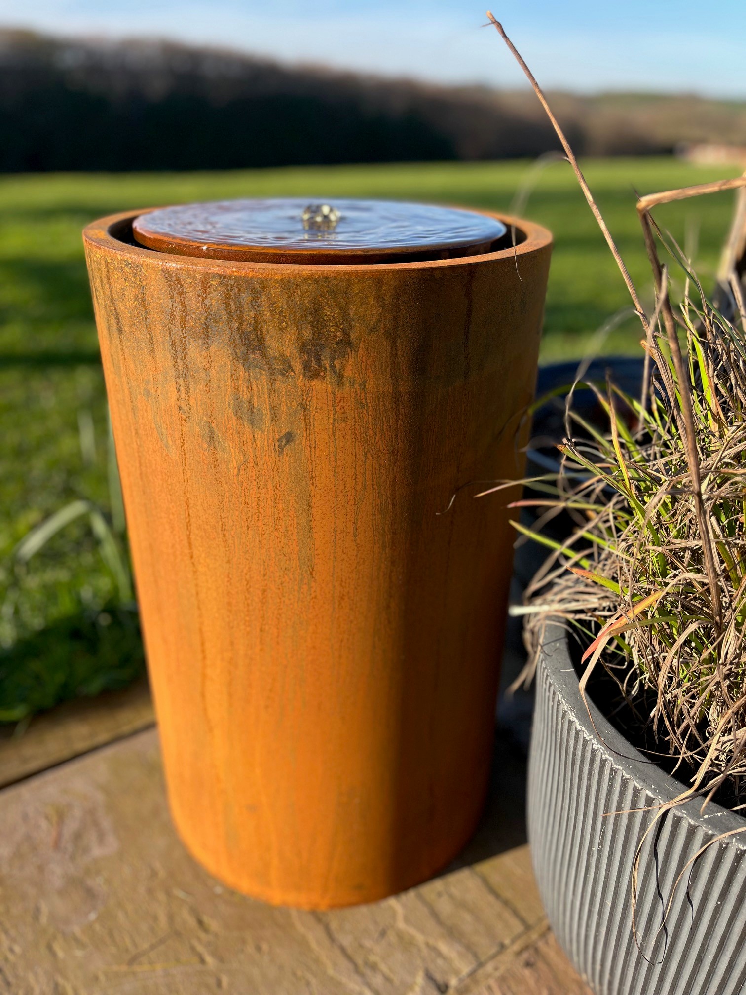 Corten Steel Self-Contained Water Table Tall - Diameter: 35cm Height: 60cm